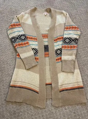 Woven Heart Brown Knit with Orange & Blue Aztec Print Open Cardigan Medium