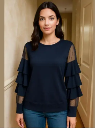 14th & Union  Black fancy sweatshirt with ruffled sleeves with mesh detail S - Image 2