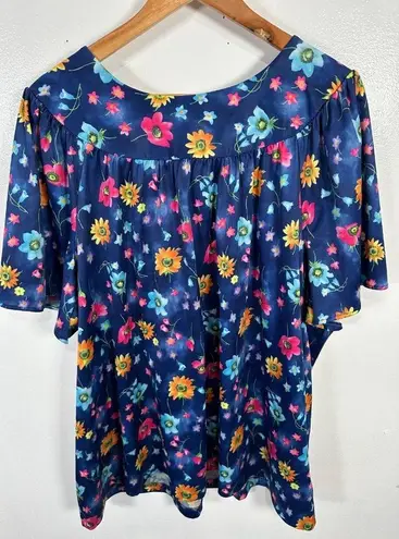 Lounge Vintage Womens 1X Top MuuMuu Shirt Short Sleeve Hawaiian Floral Blue