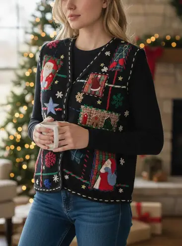 Erika Vintage Christmas Themed Sweater Vest Small Medium Santa Snowflake Black