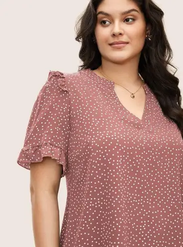 Bloomchic Womens Polka Dot V Neck Ruffle Trim Blouse Watermelon Red 22-24