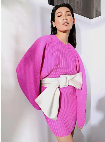 Solace London Tanzy Fuchsia Pleated White Bow Long Sleeve Mini Cocktail Dress