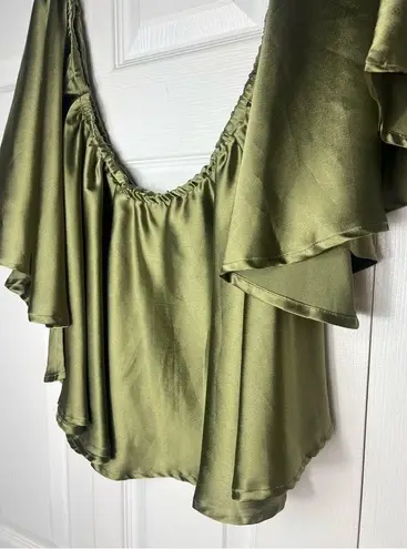 Missguided  Green Olive Satin Bardot Off The Shoulder Blouse Top Size 12 Large