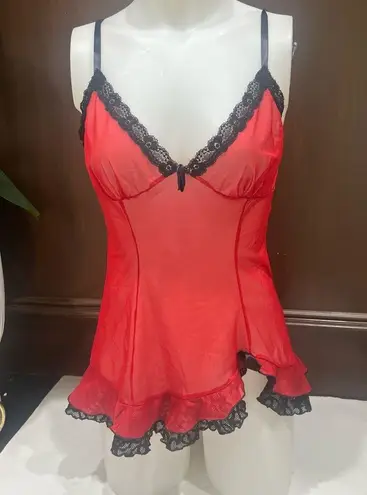Vintage Faris Red and Black Lace Chemise lingerie nighty baby doll made in USA Size L