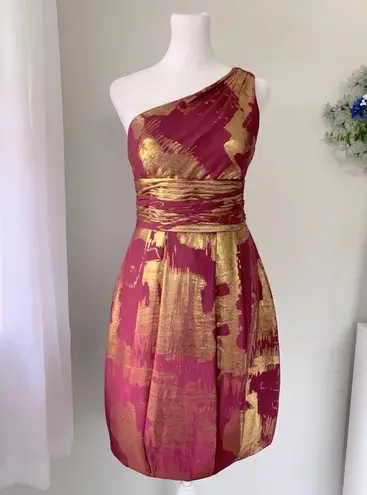 Aidan Mattox Burgundy & Gold One Shoulder Silk Mini Dress