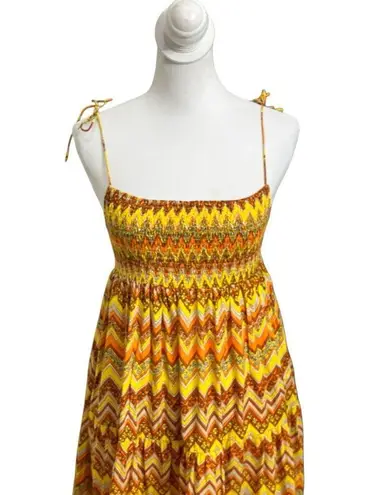 SWF Zigzag Midi Dress Women’s Size Small Yellow Smocked Cotton Tie Shoulder