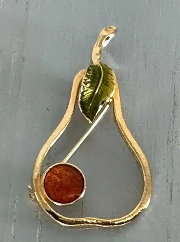 A Perfect Pear Fantastic Vintage Brooch Gold Tone Green Enamel Multiple