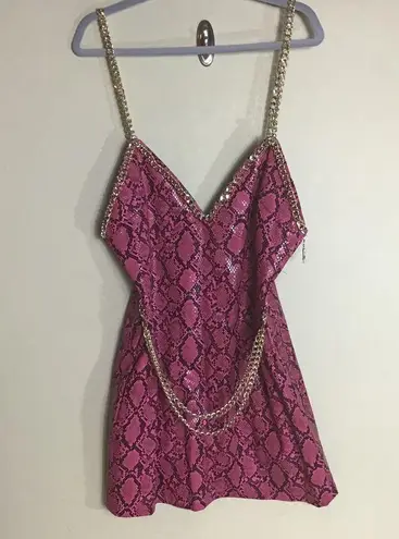 Women Pink Faux SnakeSkin Mini Dress w Adj. Chain Straps and Belt Sz. XL NWT