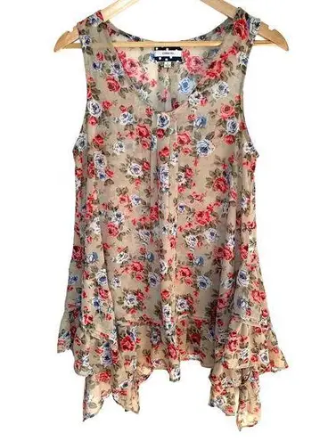 Comme Toi Floral Blouse S Sleeveless Sheer Asymmetrical Lightweight Flowy