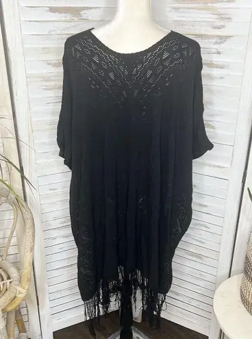 BCBGMAXAZRIA  Women's M L Drue Pointelle Sheer Lace Fringe Poncho Black Boho Goth