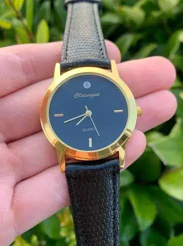 NEW Classique Brand Quartz Watch In Box // Gold & Black Leather Band w/ Diamond