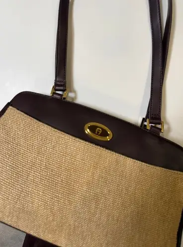 Etienne Aigner Vintage Structured Satchel – Woven Straw & Leather – Brown/Beige
