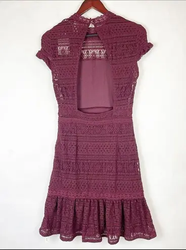 Foxiedox Burgundy Wine Lace Keyhole Back Stretch Ruffle Dress Women's Size S NEW