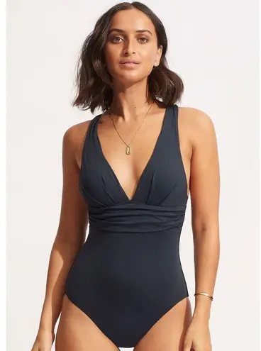 Seafolly Collective True Navy Cross Back V-Neck One Piece Swimsuit Size 14