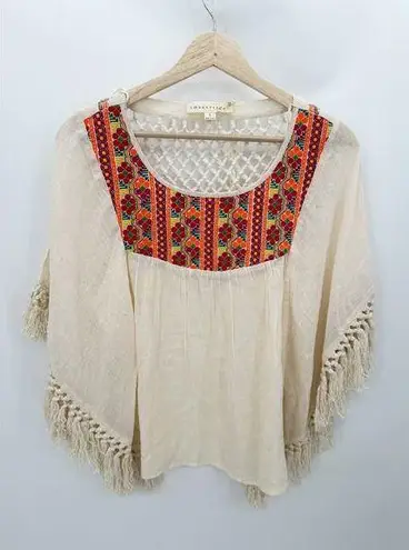Lovestitch Cream Tulum Fringe Top Boho Embroidery Oversized Fit Women Small NWT
