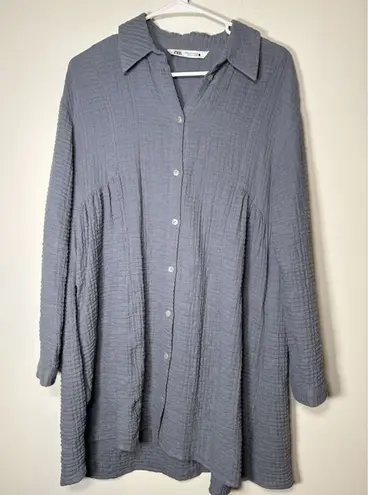 ZARA  Crinkle Cotton Beach A-Line Button Down Tunic Shirt Dress Grey/Blue Medium thumbnail 1