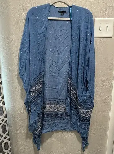 American Eagle  Topper Floral Shawl Wrap Scarf Blue Bandana fringe O/S