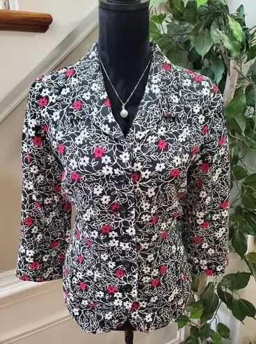 kim rogers  Women's Black Floral Linen Collared Long Sleeve Button Down Shirt 12