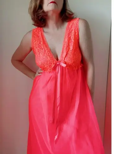 Vintage Lingerie Nightie Neon Coral Orange Lace Size M/Large Fit Bright