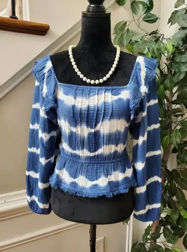 True Craft  Women Blue & White Cotton Square Neck Long Sleeve Top Blouse Size XS