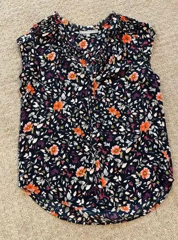 Daniel Rainn Navy Blue & Floral V-Neck Cap Sleeve Blouse S