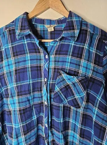 Woolrich  Blue Flannel Shirt Long Roll Tab Sleeve Button up Pocket Womens Size XL