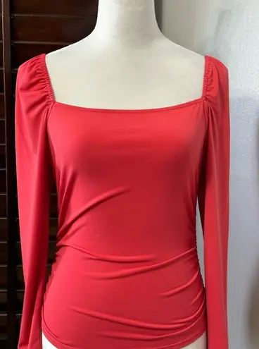 Abound  Womens Casual Top Red 3/4 Sleeve Stretch Ruched Square Neck M New