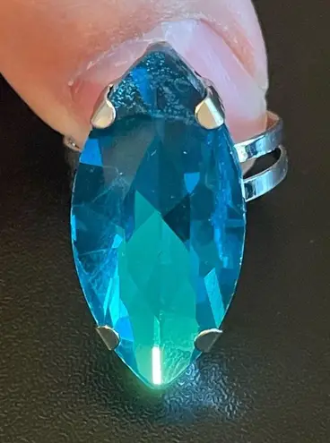 Adjustable teal crystal silver plated ring