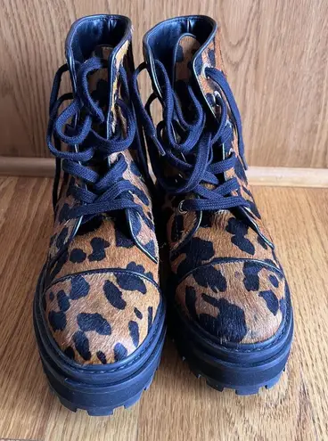 Schutz Maylova Leopard Combat Boot Lugged Calf Hair Lace Up Women's 6B