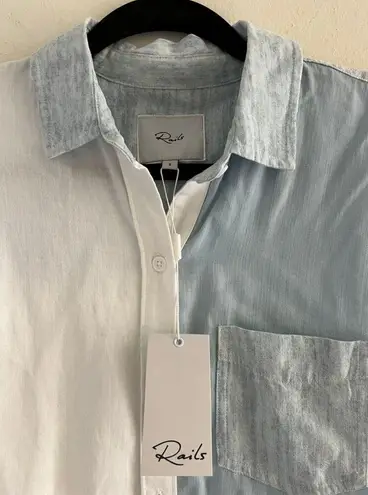 Rails NEW  Ingrid Raw Button Down Shirt Size Small Patch Work Blue White Women's