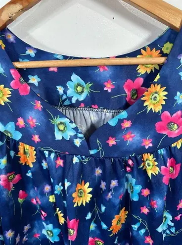 Lounge Vintage Womens 1X Top MuuMuu Shirt Short Sleeve Hawaiian Floral Blue