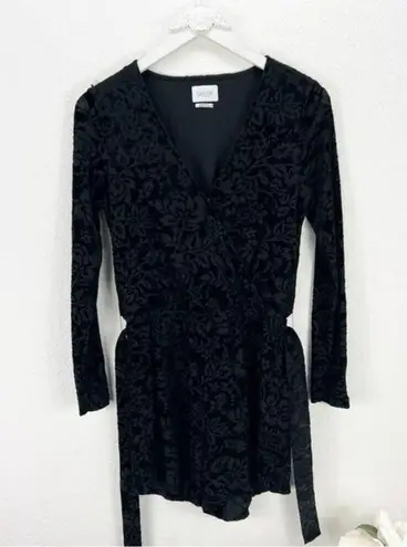 Saylor Black Velvet Burnout Romper Floral Belted Long Sleeve Anthropologie XS