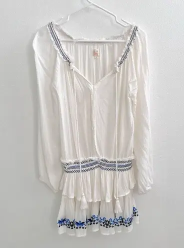 Surf Gypsy  Embroidered Tunic Swim Cover-Up Dress SMALL White Blue V-neck NEW