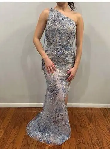 Mac Duggal 49828 Sample Gown One Shoulder Sequin Bodysuit Periwinkle Size 2 Xs