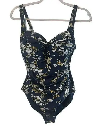 Niptuck Swimsuit One Piece Navy White Gold Floral 8 Multi Fit Cup Support gather Blue