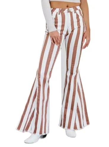 Bestto Show Stopper Full Size Run Striped Flare Leg Jeans in Cream/Rust Brown