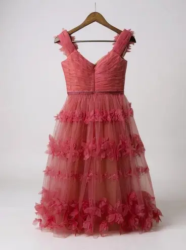 Marchesa Notte Off Shoulder Tulle 3D Floral Midi Gown Dress Size 0 Pink Tiered