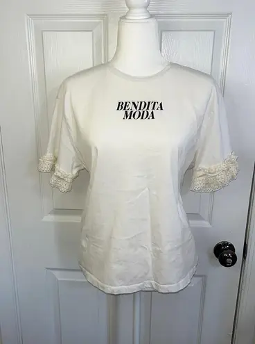 ZARA “Bendita Moda” White Lace, Ruffle Sleeve Tee