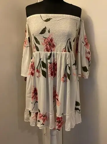 2. Feathers Floral Off The Shoulder Smocked Back Midi Dress Size 2X White