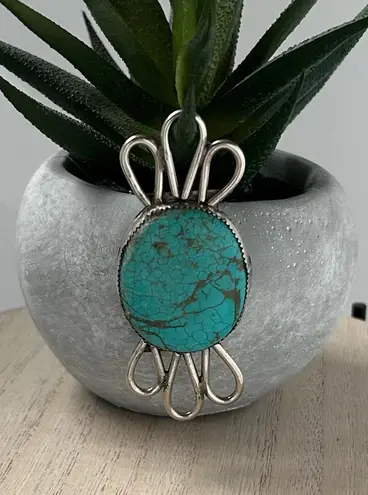 Large Vintage Native American Style Silver Turquoise Brooch Signed OG Green