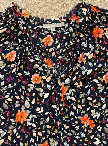 Daniel Rainn Navy Blue & Floral V-Neck Cap Sleeve Blouse S