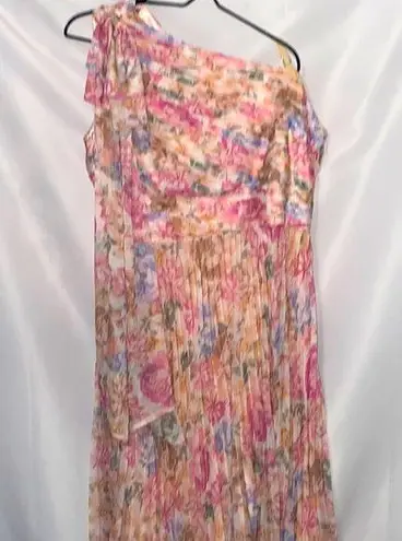 Alex Marie WO SIZE 16P ONE SHOULDER DRESS PEACHY FLORAL DESIGN LINED PLEATED EUC