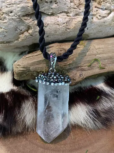 Clear Quartz stone encrusted pendant on silk cord White