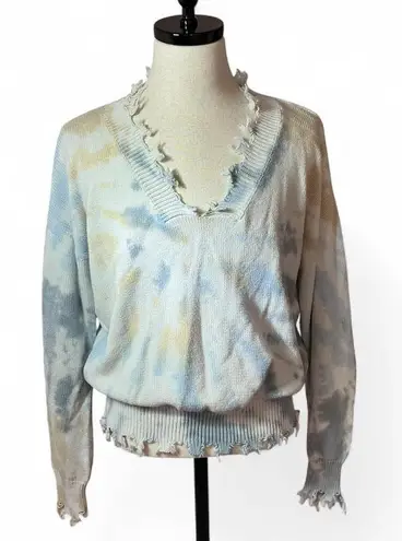 Fantastic Fawn Tie Dye V Neck Pullover Sweater Distressed Trim Knit Relaxed Fit