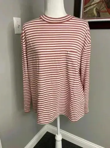 Garnet Hill 100% Pima Cotton White and Dusty Pink Striped Long Sleeve Top Large