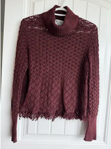 Vintage 90s Michael Simon Crochet Open Knit Fall Turtleneck Fringe Sweater M? Size M