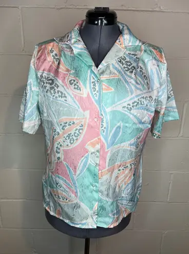 shirt button down short sleeve satin pastel pink green shoulder pads Size XL