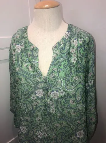 kim rogers  Women Green Blue Paisley Floral Long Sleeve Blouse XL