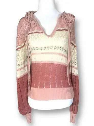 Vintage Knit Embroidered Hoodie Sweater Oatmeal Pink Floral Cropped Crochet Size M