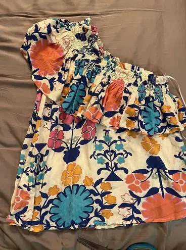 Rachel Roy Top M White Blue Pink Floral One Shoulder Blouse Retro